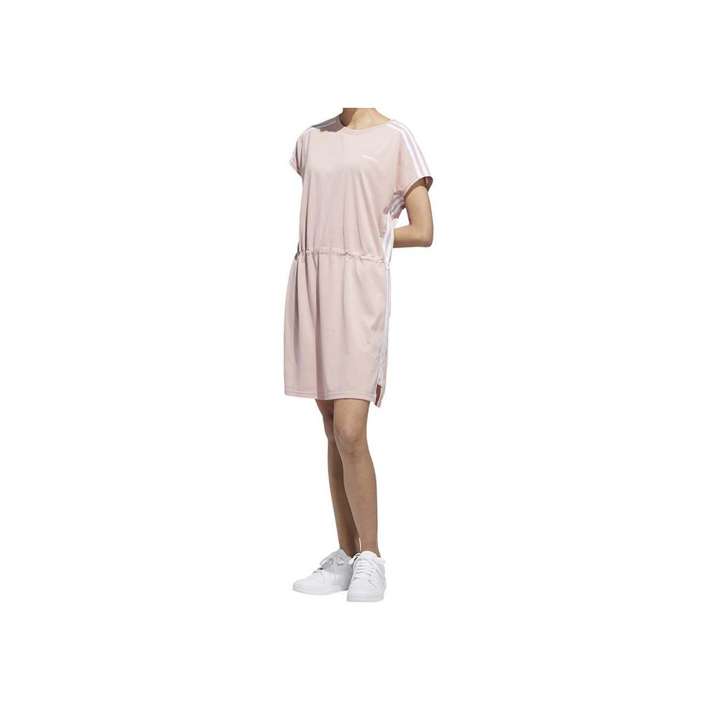 Adidas Neo Solid Color Striped Short Fitted Casual Sports Comfortable Breathable Round Neck Short Sleeve Dress Women Dresses Vibrant-Pink GK1503