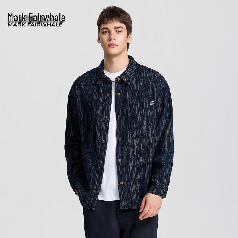 Mark Fairwhale Men s American Retro Striped Jacquard Washed Denim Jacket 2XL