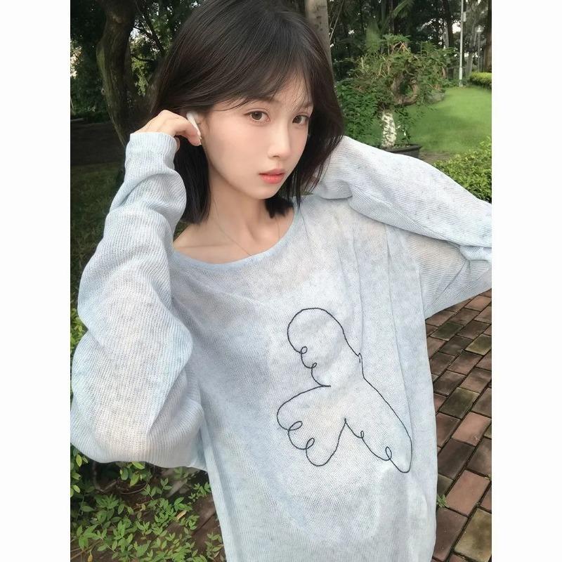 

Korean Sun Protection Thin Blouse with Bird Embroidery Long-sleeved T-shirt for Women Summer Loose Lazy Style Slimming Top L