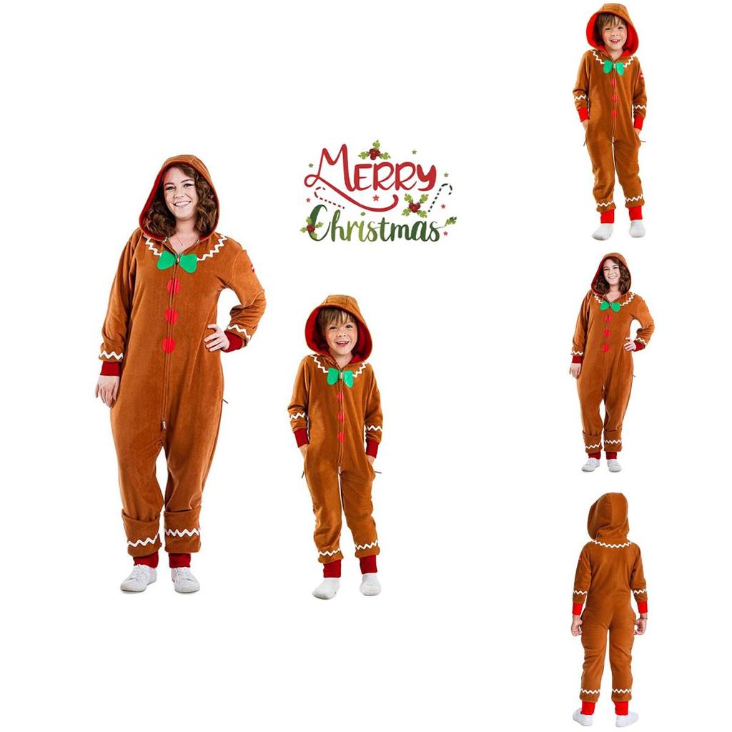 Xmas Party Hooded Jumpsuits For Kids Adult Gingerbread Man Cosplay Costume
