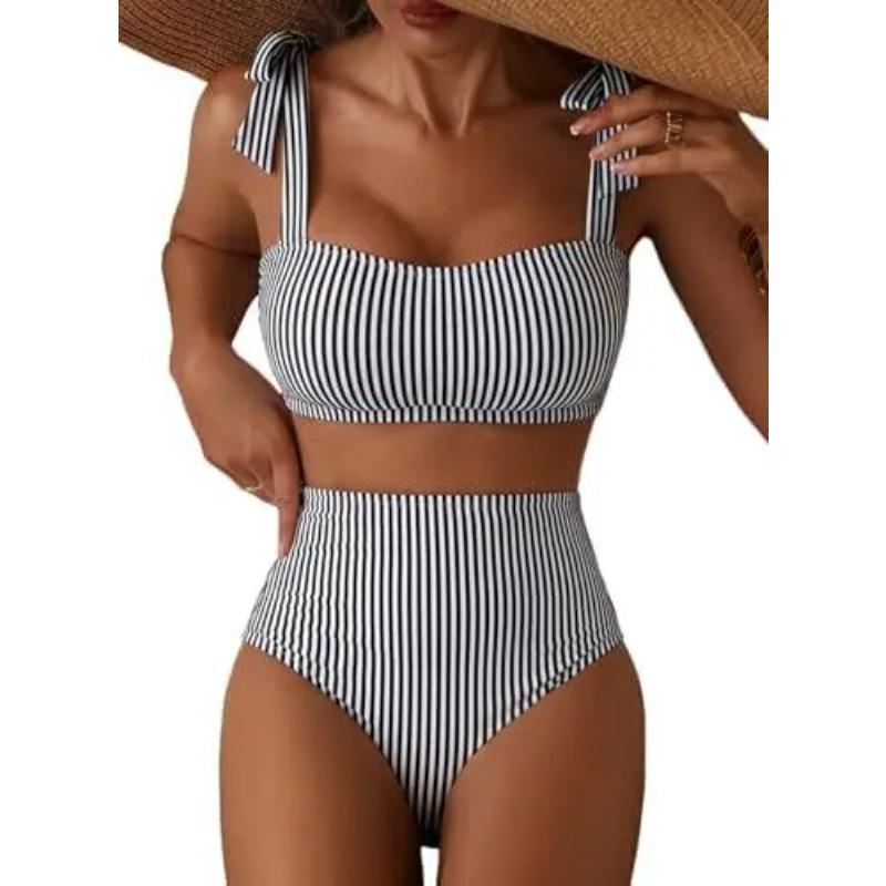 Women Two-piece Halter Vest Swimwear Sexy Striped Ruffle High Waisted Bikinis Set Female Bathing Suit Tie Strap Beachwear