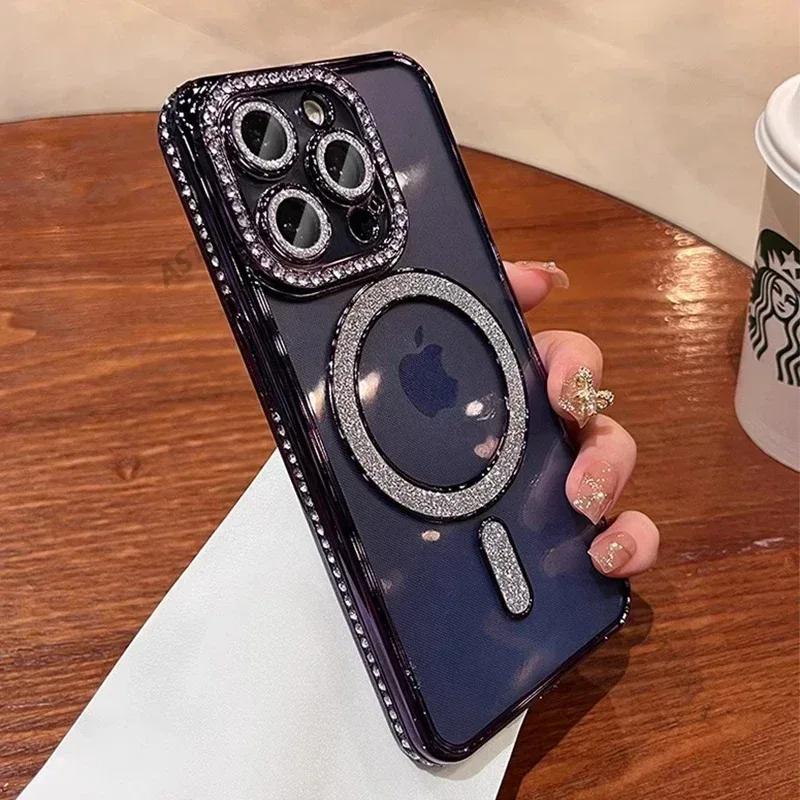 Nové módní třpytivé diamantové průhledné pouzdro pro iPhone 16 15 14 Plus 13 12 11 Pro Max magnetický kryt zad pro bezdrátové nabíjení