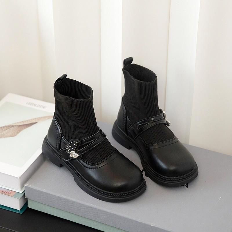 Girls Knitted Boots 2025 Autumn Children's Socks Splicing Small Leather Shoes Catwalk Short Boots Princess Socks Boots Tide