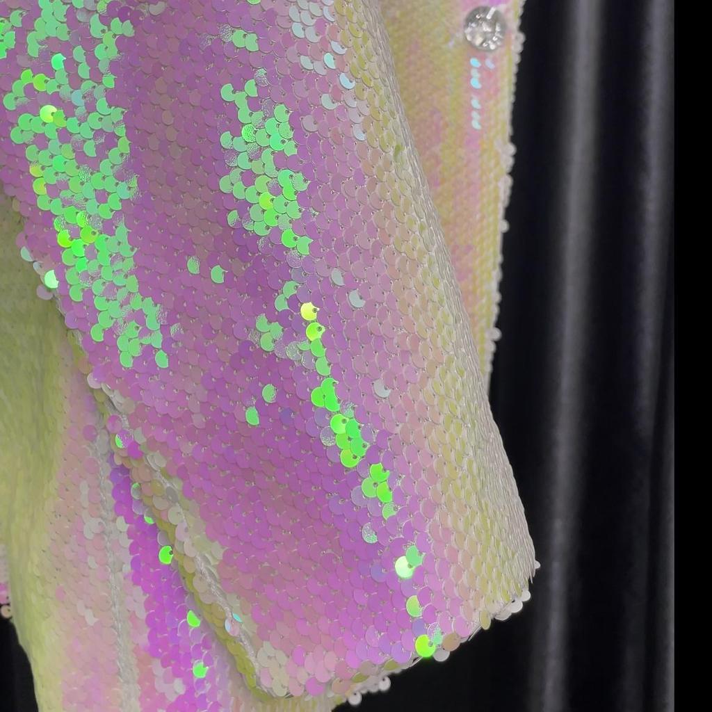 PYJTRL Męska modna marynarka w kolorze niebieskim i zielonym, dwukolorowa, z brokatem i cekinami