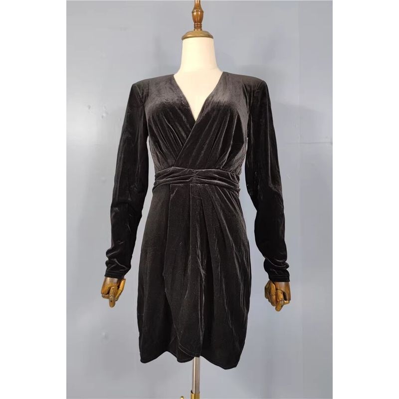 

Export Single AQ Home Spring and Autumn New Arrival Long Sleeves Velvet Easiest for Match Special V-neck Long Sleeves Ladies Fashion Commuter Dress Black XL