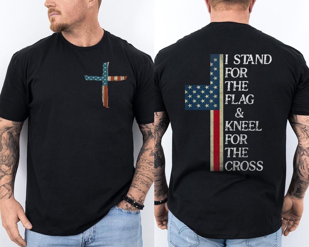 

Patriotic Christian Faith, Stand for Flag Kneel for Cross Religious 2 Sided Tee L