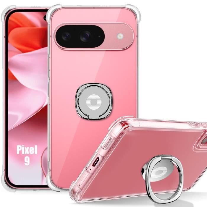 Coque Silicone pour Google Pixel 9, Antichoc Transparent avec Support Bague Argenté Réglable