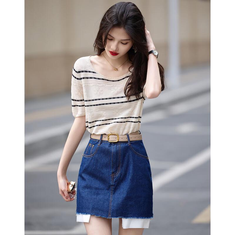 DEMANA London Holiday Women's Striped Lyocell Knit Top with Ruffle Neck