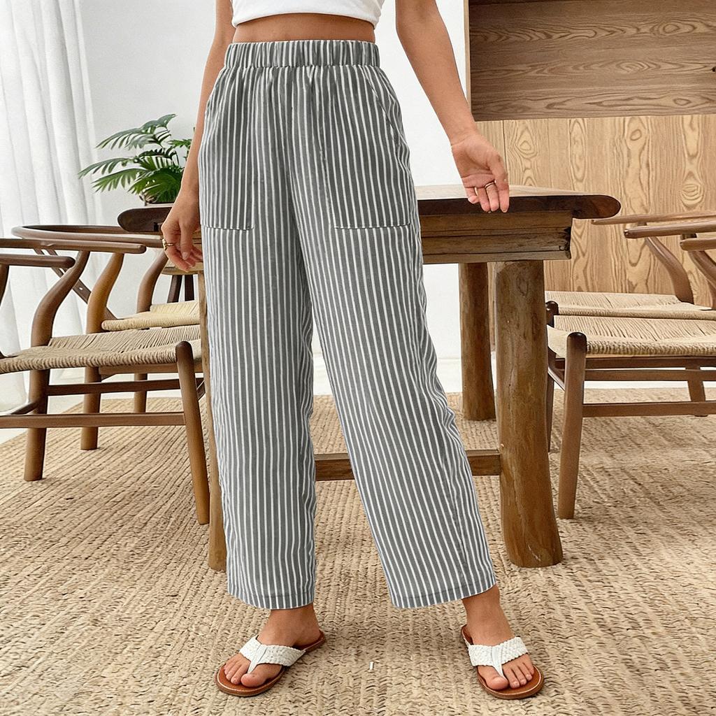 Women's Fashionable Striped High Waisted Pocket Home Versatile Casual Pants