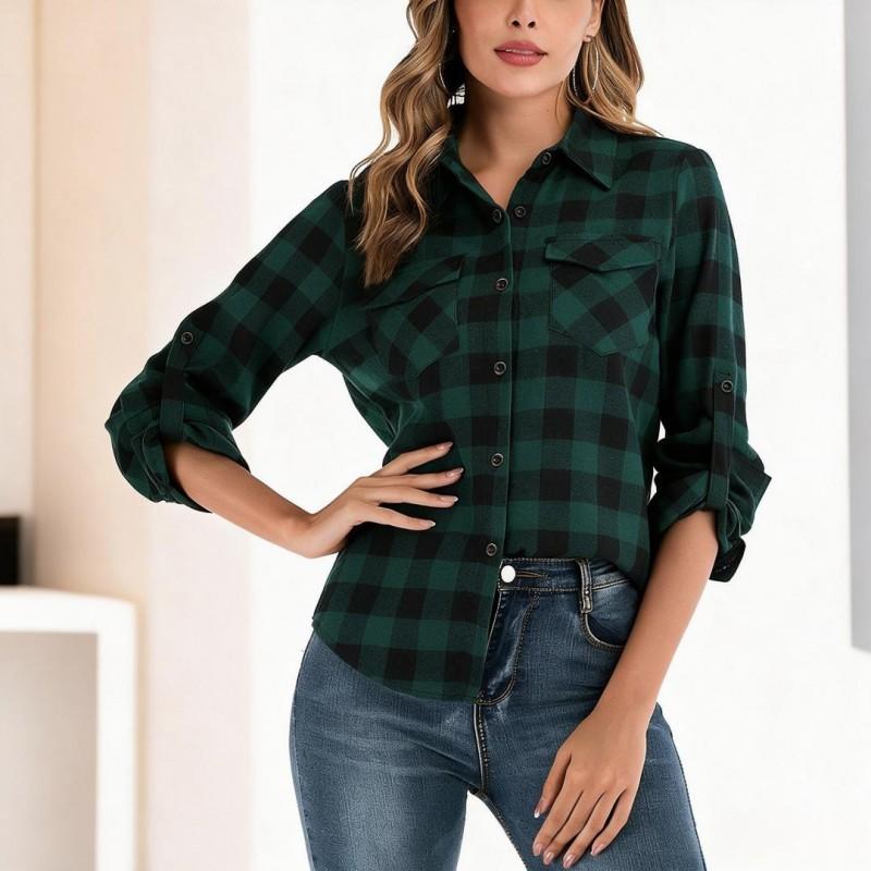 Womens Fall Winter Long Sleeve Plaid Shirt Women
