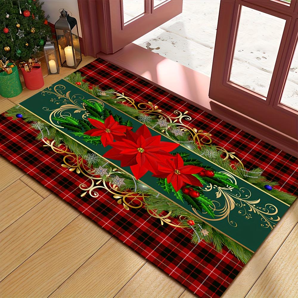 Luxury Golden Holly Pine Letter Front Entry doormat Black Base Merry Christmas Script Bauble Border Print  Porch Decor Rug