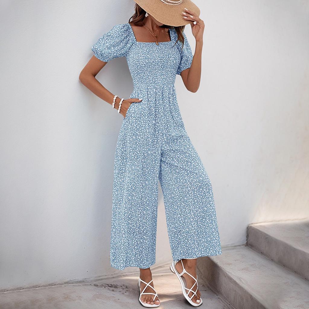 Women's Square Neck Puff Sleeve Wide Leg Printed Jumpsuit