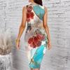 Women Plus Size Sleeveless Round Neck Midi Bodycon Dress Light Blue Vintage Floral Gradient Print Slim Fit Dress