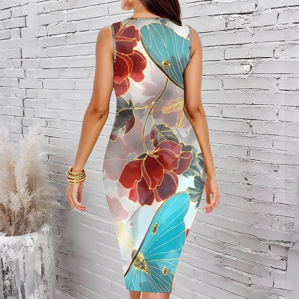 Women Plus Size Sleeveless Round Neck Midi Bodycon Dress Light Blue Vintage Floral Gradient Print Slim Fit Dress