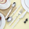 4Pcs Gold Dinnerware Set Stainless Steel Cutlery Knife Tea Fork Coffee Spoon Pearl Ceramic Handle Flatware Utensils for Kitchen