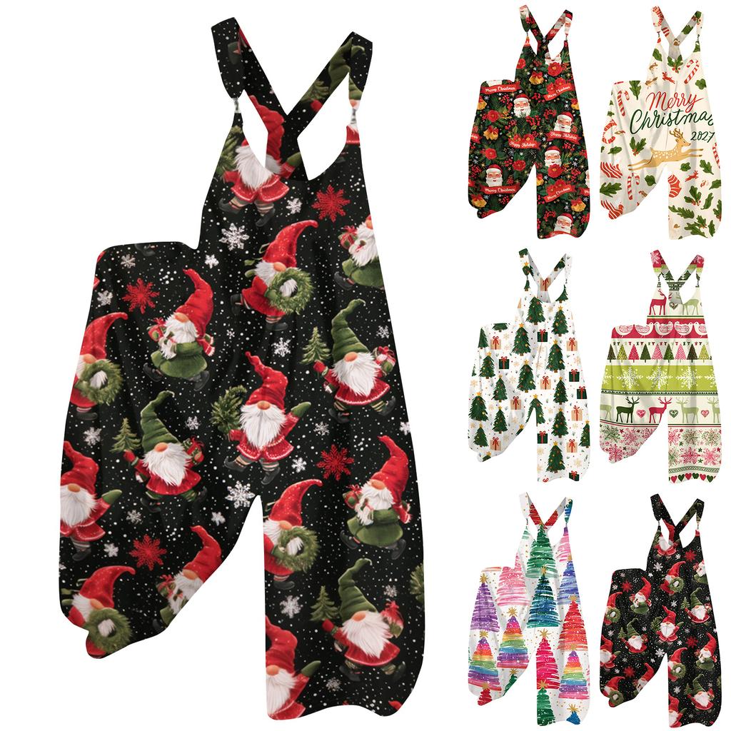 Damen Retro Sommer Overall Jumpsuit mit Weihnachtsdruck und nicht verstellbaren Trägern für den lässigen Alltag