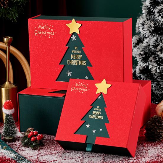 Christmas Gift Box Xmas Eve Red Gift Box with Tree Pattern Presents Wrapping Container for Holiday Decoration