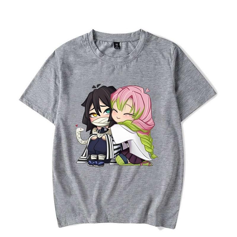 Zabawny T-shirt z nadrukiem kreskówkowym Kanroji Mitsuri Iguro Obanai dla pary, casualowy, luźny, z krótkim rękawem, z okrągłym dekoltem, topy Harajuku, odzież