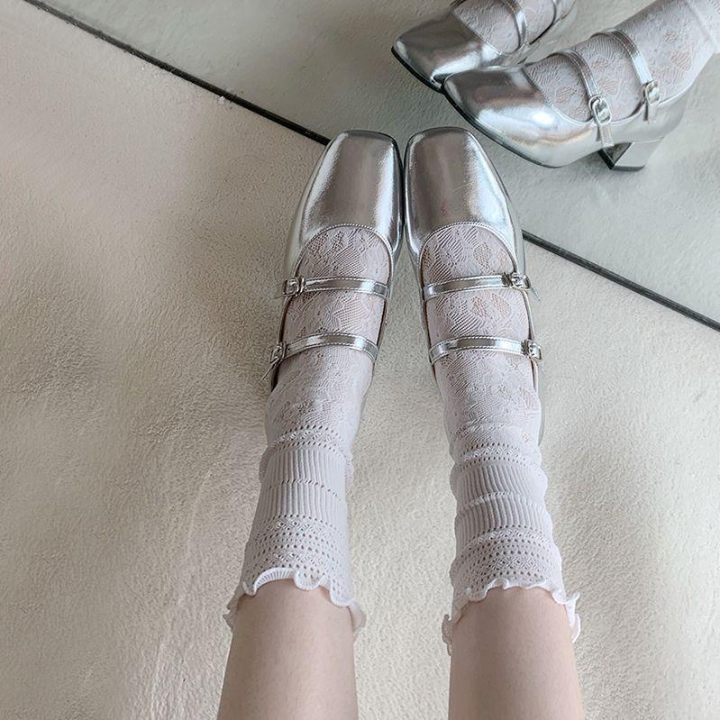 Socks Woman Summer Hollow Lace Bowknot Lolita Solid Color Socks Middle Tube Thin Casual White Sweet Girls Stockings