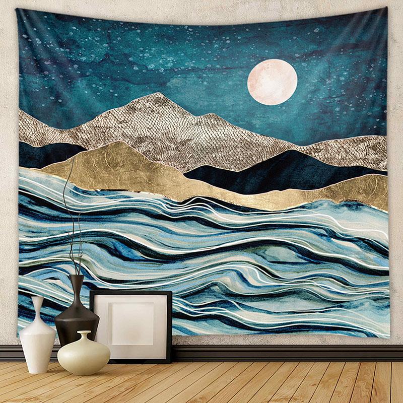 Nordic Mountain Sunset Printed Tapestry Natural Landscape Wall Hanging Cloth Beautiful Bedroom Background Decoration with Nails