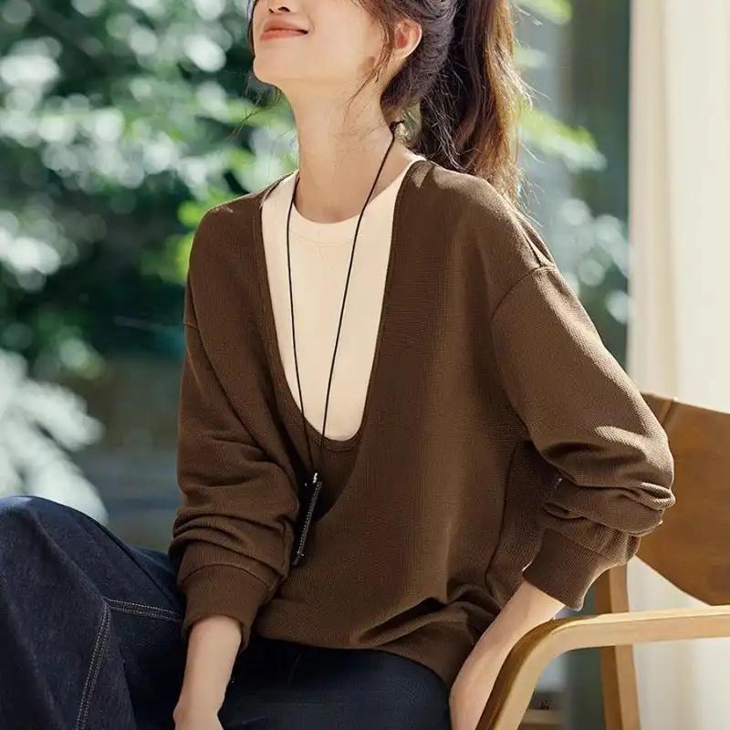

Women s Waffle Knit Sweatshirt Oversized Deep V Neck Casual Loose Fit Long Sleeve Top L темно-коричневого кольору