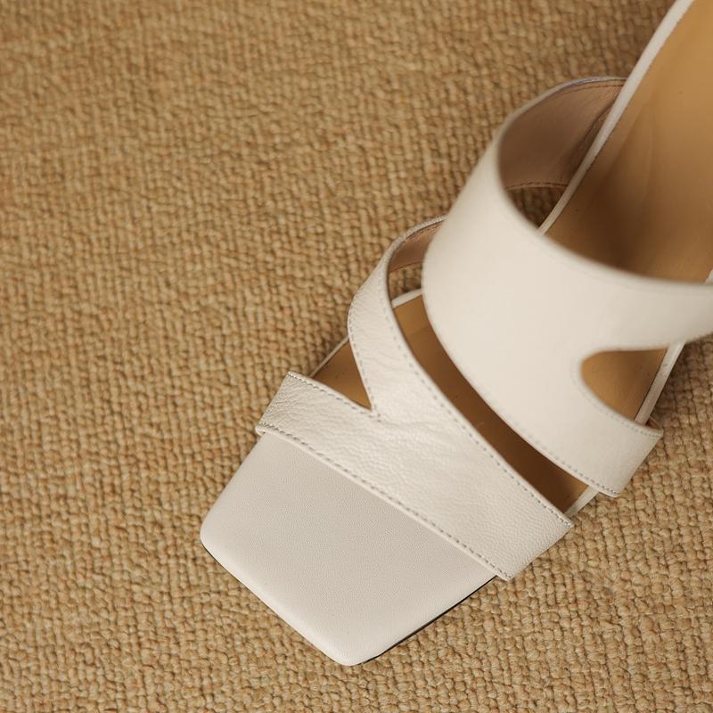 Fashion Women's new summer square head genuine leather sheepskin high-heeled high-heeled oversized open toe breathable sandals