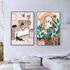 Boho Girl's Life Cat Monstera Plants Abstract Nordic Wall Art Canvas Painting Posters And Prints Pictures For Living Room Decor