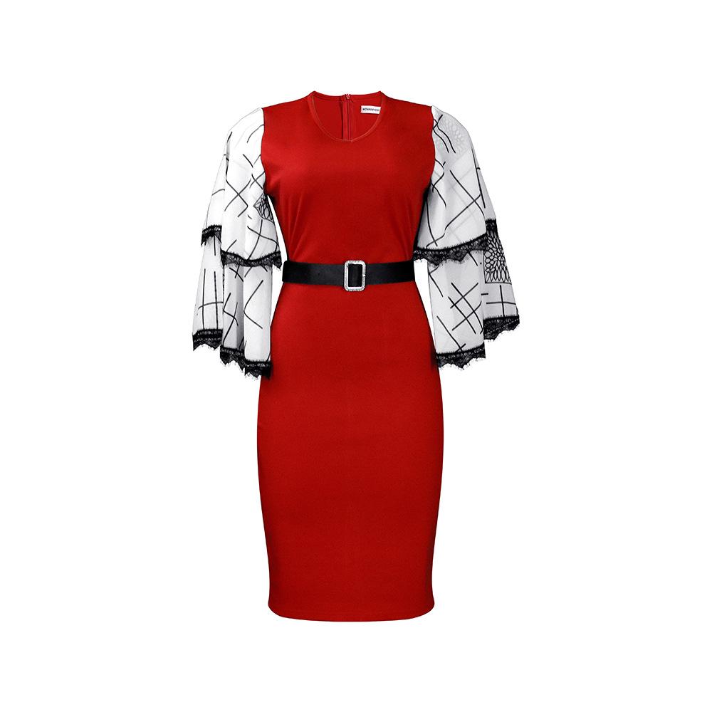 Large Size Women Summer Fashion Flare Sleeves Dress Ladies One Piece V Neck Sheath Dress with Belt