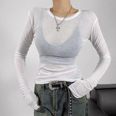Women Crew Neck Fitted Long Sleeve Semi Sheer T-shirt