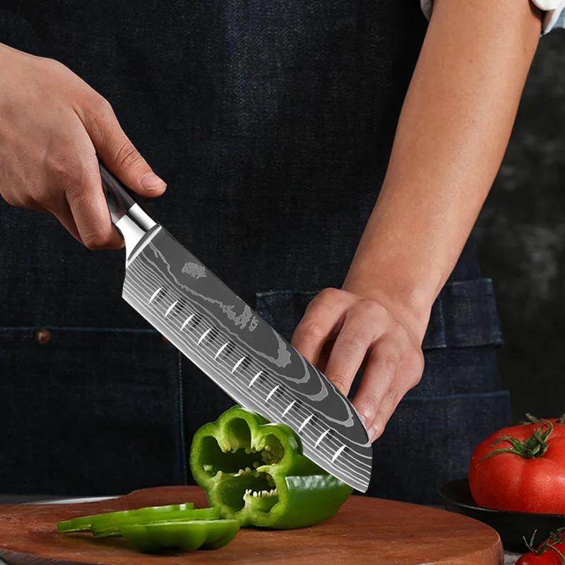 Stainless Steel Kitchen Knives 7CR17 440C Laser Damascus Japanese Santoku Cleaver Slicing Utility Chef Knife Cooking Tools