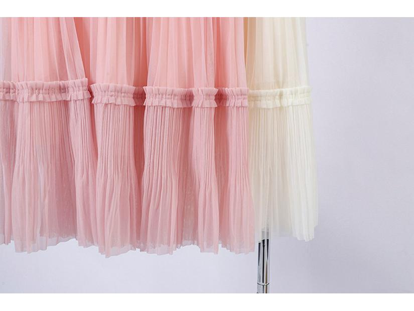 Gonna Lunga in Garza Rosa Dolce Fei Yuan: Moda Primaverile da Donna, Versatile Colore Unico Pieghettato Drappeggio.