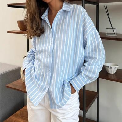 Damen Neue Sommer Langarm Strickjacke Jacke Gestreiftes Hemd
