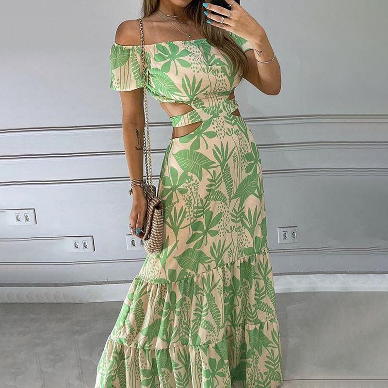

Fashion Female Sexy Cutout Floral-Print off-Shoulder Elegant Dress Printed off Shoulder Dress Green 3XL