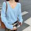Ladies Autumn Winter Long Sleeve V Neck Loose Basic Solid Color Pullover Knitted T Shirt Top for Layering