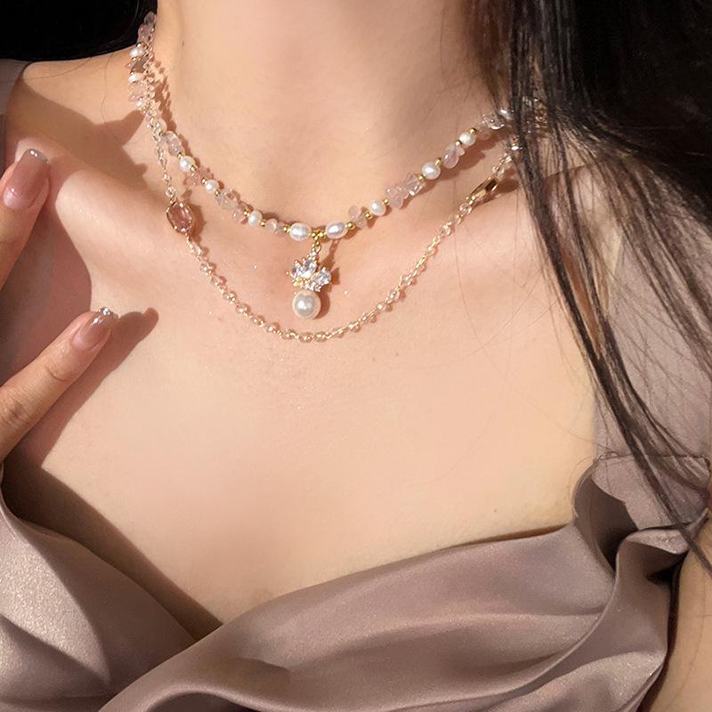 French pearl crown water drop double-layer necklace niche light luxury temperament neck chain high-end design neck jewelry women