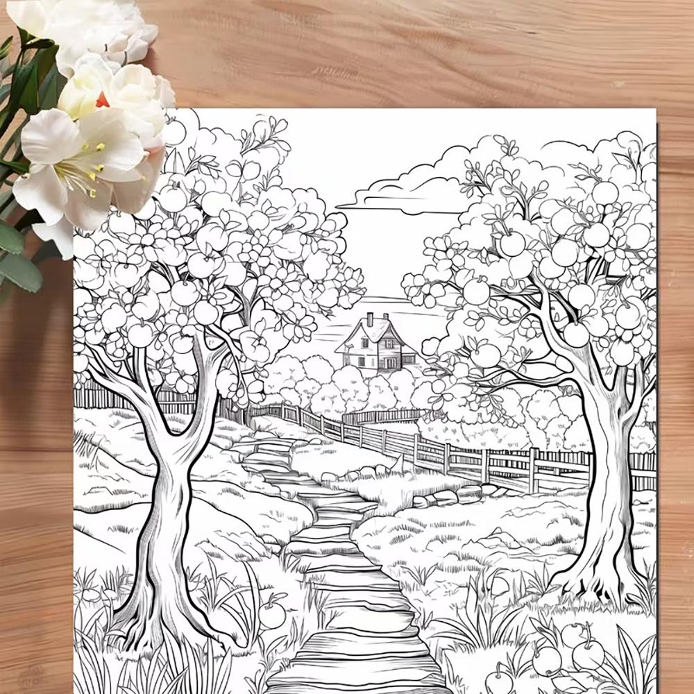 24 pages peaceful countryside coloring book, a rustic style cabin in the woods, an adult coloring book, a graffiti painting,