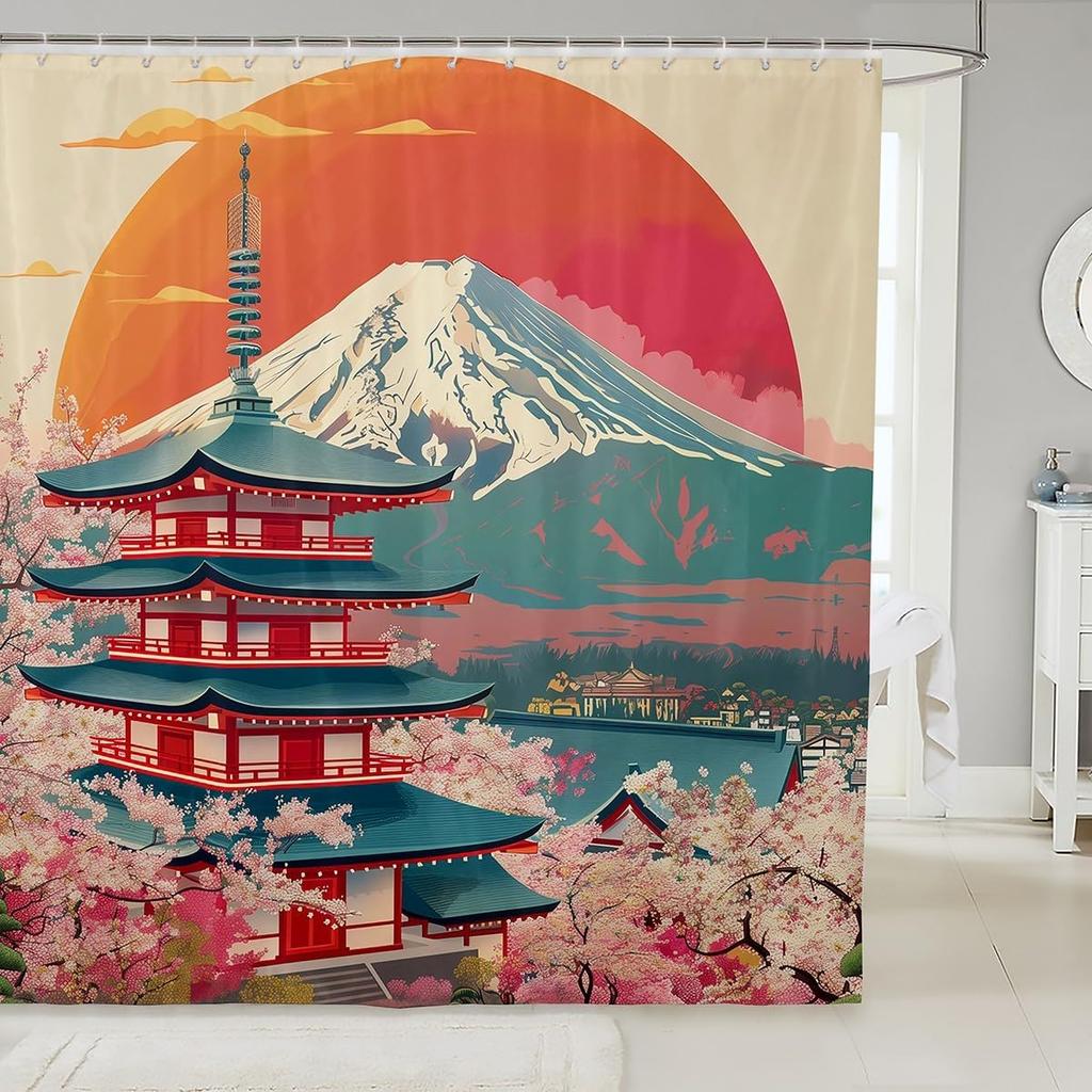 Boys Girls Japanese-Style Shower Curtain Red Cherry Bath Curtain Mount Fuji Bathroom Accessories Teens Bedroom Decor