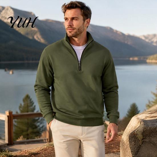 Outdoor Fitness Clothing Mens Quarter Zip Sweatshirt, Stand Collar Athletic Fleece Pullover, Ribbed Hem Cuffs, Lightweight Fall Sweatshirt Long Sleeve