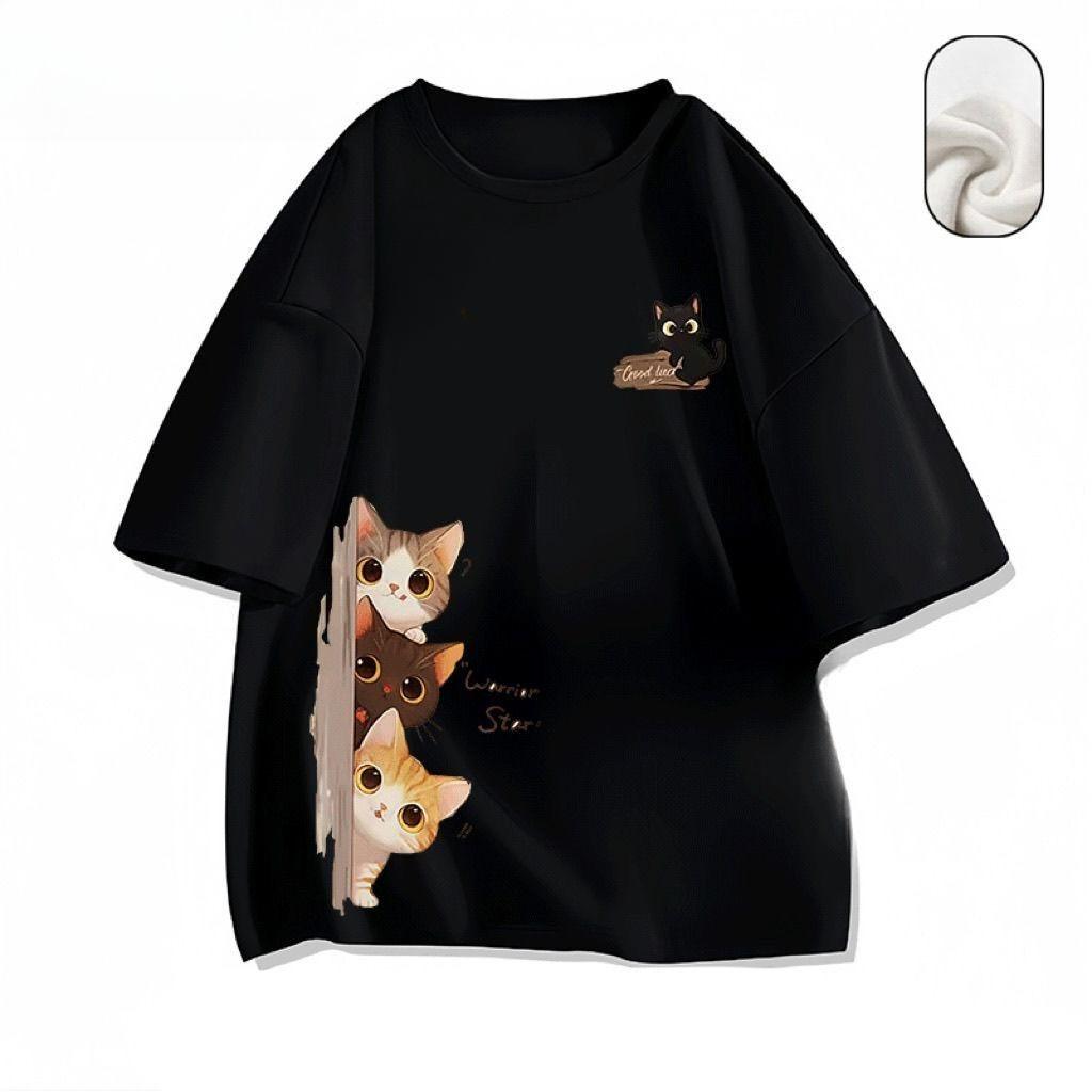

Wall Cat Cotton Shortsleeved Tshirt Unisexs and Womens Spring and Summer Loose and Versatile Couples Halfsleeved Shirt S