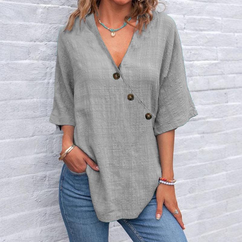 Women Linen Cotton V Neck Button Up Summer Loose Shirt S