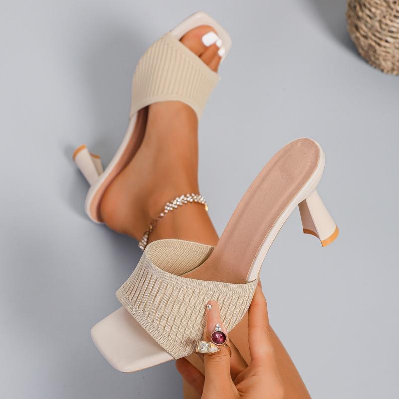 Fashion High Heels Women Square Toe Slippers Fashion Weave Slingback Shoes 2025 Summer Casual Dress Pumps Designer Zapatillas De Mujer