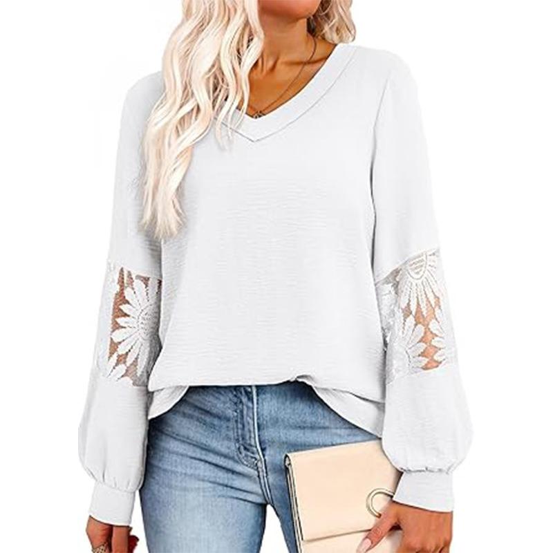 New Spring and Autumn Women's V-neck Long-sleeved Lace Fashionable Casual Tops