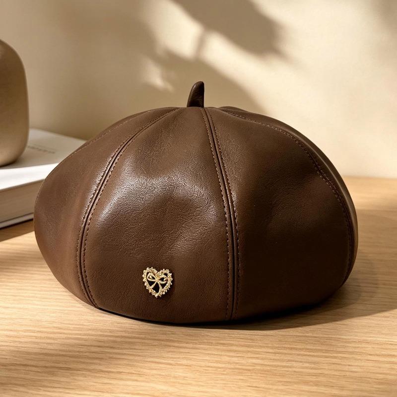 Women S Pu Leather Beret Sweet Cool French Vintage Warm Hat For Autumn Winter