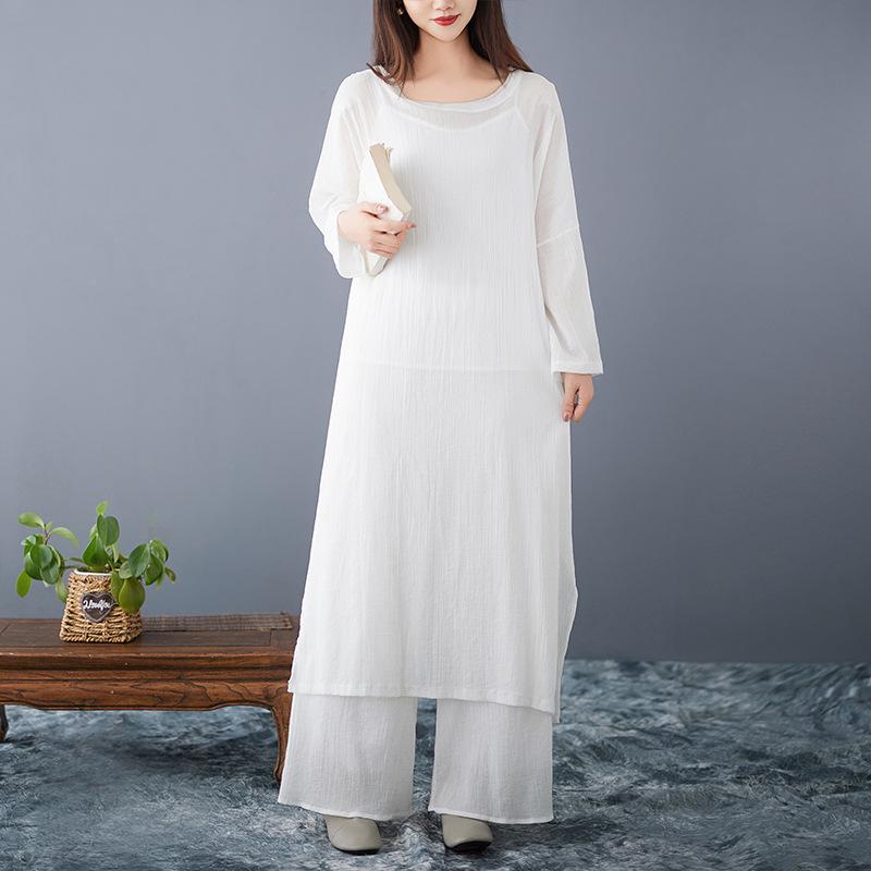 

Женский белый ретро-костюм для медитации из хлопка и льна Zen Dance - набор из трех предметов L белый