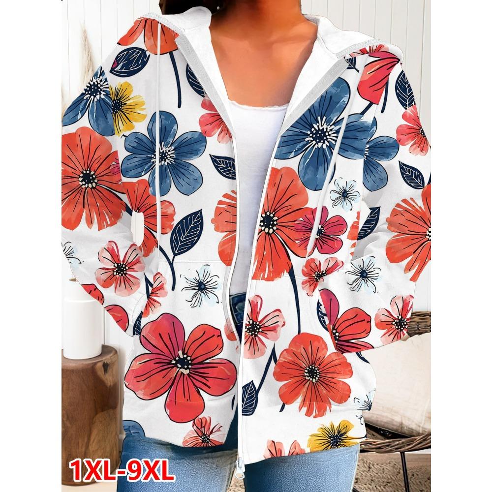Plus Size Women's Floral Print Zip Hoodie/Loose Casual Cardigan Top