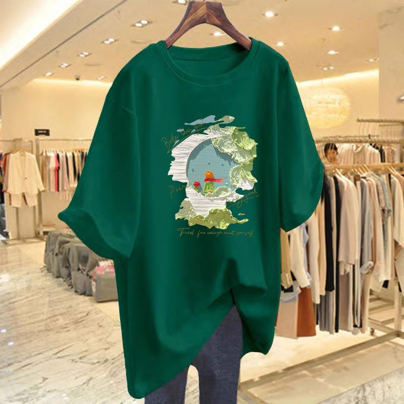 White Cotton Short-sleeved T-shirt Women's 2025 Summer New T-shirt Loose Large Size Medium and Long Large Version Top