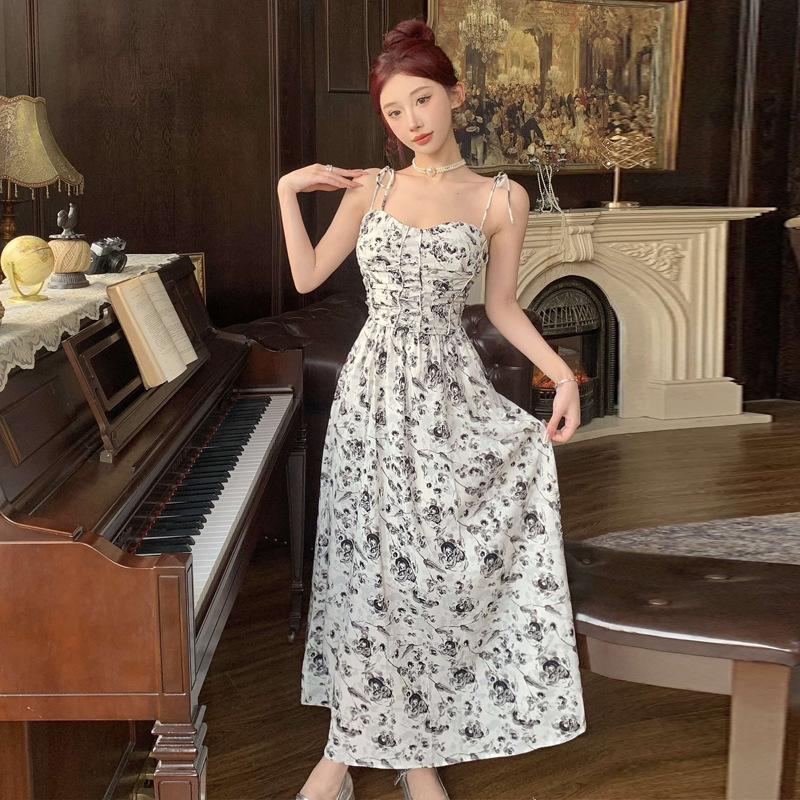 

Женская одежда сладкая тушь живопись отпуск на берегу моря ремень платье женщины L