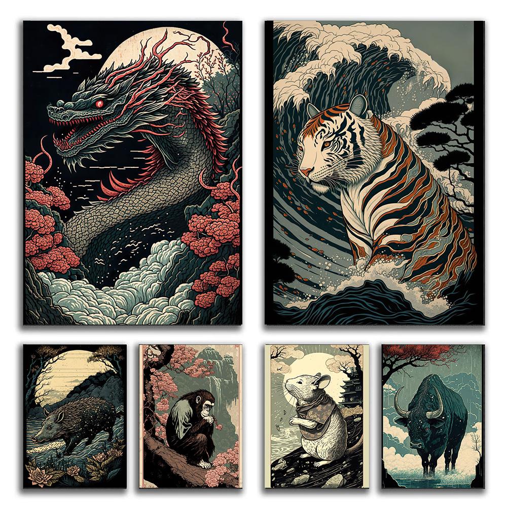 Asian Animals Zodiac Signs Japan China Prints Poster Canvas Painting Modern Wall Art Pictures for Living Room Bedroom Home Decor