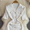 New Summer Women Lapel Knitted Sweater Solid Dress Short Sleeve Sheath Bodycon Mini Party Dresses