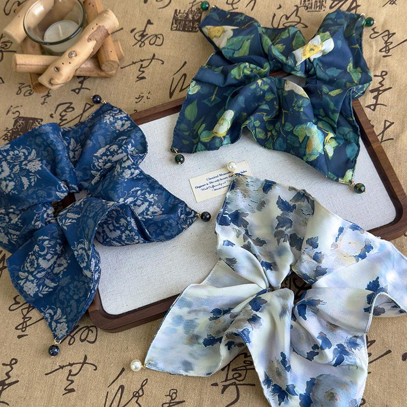 French Style Stain Scrunchies Ponytail Holder Rubber Bands Pearl Square Hair Rope Ties Elastic Hair Bands Women Hair Accessories